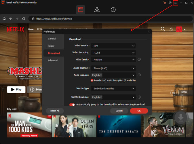 Tunelf Netflix downloader output settings